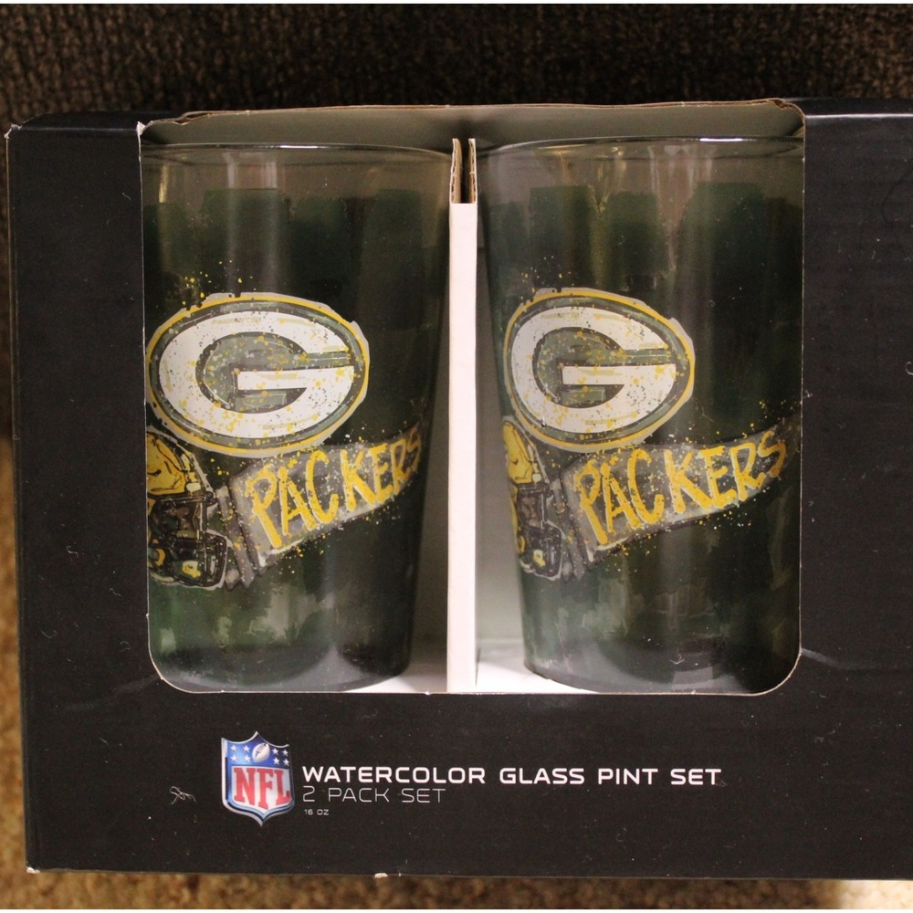 Green Bay Packers Pint Glass Set NFL Watercolor Beer‎ Glasses 2 Pack NIB